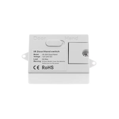 Vaihtoehtoinen teksti: "Valkoinen IR-ovi/käsikytkin, jossa on asetukset, malli, jännitetiedot ja RoHS-sertifikaatti LED-valaistukseen.