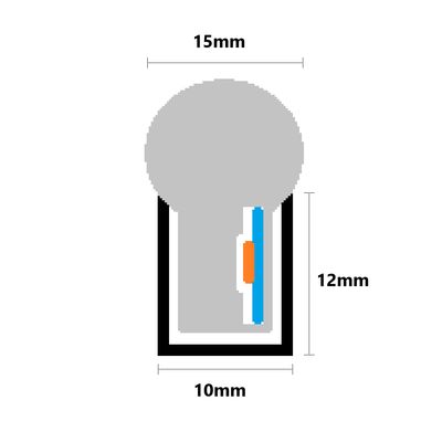 Pyöreän LED-lampun kaavio: leveys 10 mm, korkeus 12 mm. Oikealla puolella on pystysuora sininen viiva ja oranssi suorakulmio.