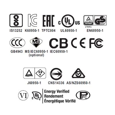 LED-valaistuksen sertifiointilogot ja -symbolit, joissa on UL-, CE-, FCC-, PSE- ja CB-logot valkoisella taustalla.