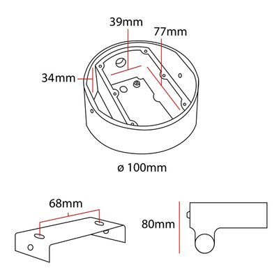Tekninen piirustus: Pyöreä LED-laite, halkaisija 100 mm, syvyys 39 mm, leveys 77 mm, korkeus 34 mm. L-muotoinen kiinnike: 68 mm reikäväli, 80 mm syvyys.