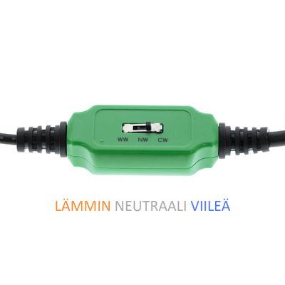 Vihreä kytkin LED-valoille, joissa on "WW", "NW" ja "CW" merkinnät; teksti alla oranssilla, harmaalla, sinisellä: "LÄMMIN NEUTRAALI VIILEÄ.