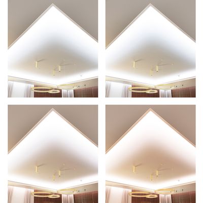 Neljä kuvaa kattokulmasta, joissa on erilaisia LED-valaistusvärejä: valkoinen, keltainen, viileä ja lämmin sekoitus sekä lämpimämpiä sävyjä. Optimaalinen moderniin sisustukseen.