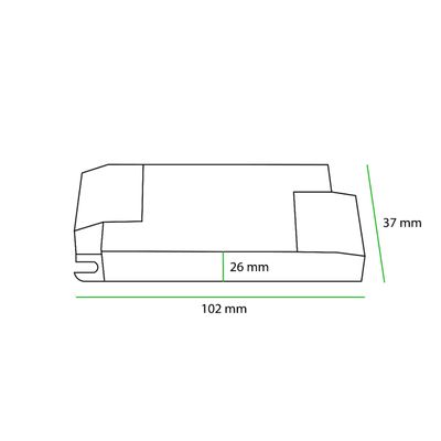 Suorakaiteen muotoinen LED-valokaavio; mitat: pituus 102 mm x 37 mm korkeus x 26 mm leveys; yksityiskohtaiset kulmikkaat sivut tehokkaaseen LED-valaistukseen.