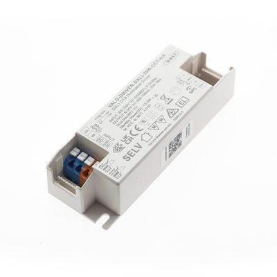 Lähikuva VALOSPIVERO DALI 32W SELV -ohjaimesta, jossa näkyy merkittyjä tuloja, lähtöjä ja sähköisiä tietoja LED-valaistukseen.