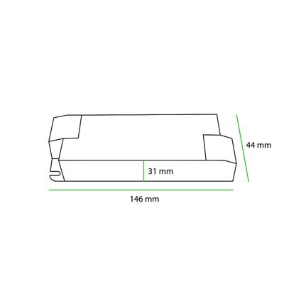 Kuva suorakaiteen muotoisesta LED-paketista, jossa on merkintä "pituus 146 mm, korkeus 44 mm", jossa on korostettu osa 31 mm tunnistamisen helpottamiseksi.