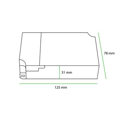 Viivapiirros suorakaiteen muotoisesta LED-valosta, jonka pituus on 125 mm, korkeus 78 mm ja leveys 31 mm, ääriviivat ja reunat hakukoneoptimoinnin parantamiseksi.