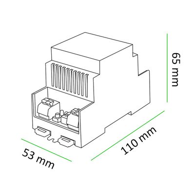 Viivapiirros LED-elektroniikkalaitteesta, mitat 110x65x53 mm, tehokkaaseen LED-liikkeen valaistusratkaisuun.