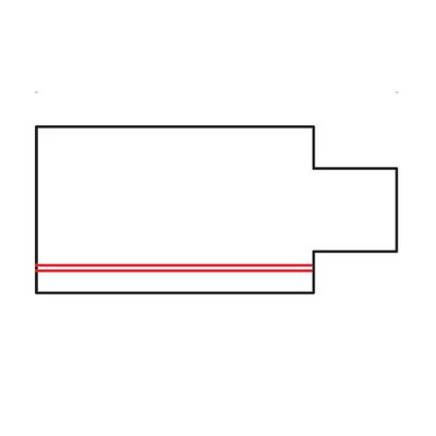 LED-valaistusliikkeen logo: Musta suorakaiteen muotoinen ääriviiva oikealla lovella; punainen vaakasuora viiva keskustan läpi, symboloi energiatehokkuutta ja modernia muotoilua.