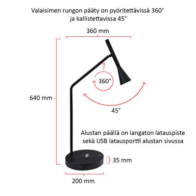 Moderni musta pöytälamppu säädettävällä päällä, langattomalla latausalustalla; Leveys 360 mm, korkeus 640 mm. Suomenkielinen teksti korostaa ominaisuuksia.