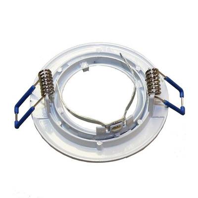 Lähikuva valkoisesta pyöreästä upotetusta LED-alasvalaisimesta kaksoisjousilla ja sinisillä pidikkeillä, jotka ovat ihanteellisia moderneihin valaistusratkaisuihin.