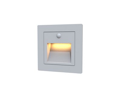 Neliön muotoinen upotettu porrasvalaisin harmaalla kehyksellä, joka antaa pehmeän lämpimän hehkun, täydellinen turvallisuuden ja tunnelman parantamiseen moderneissa sisätiloissa.