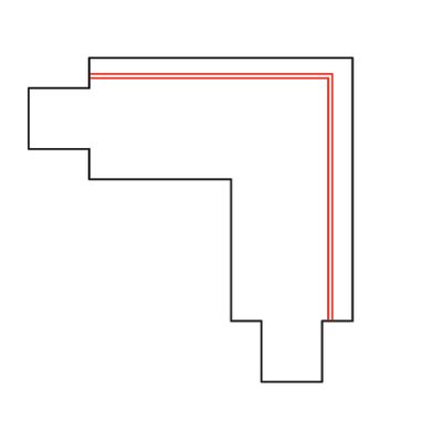 Grafiikka mustasta kulmikkaasta portaiden kulman ääriviivasta pienemmällä punaisella sisäreunalla valkoisella pohjalla, edustaen modernia LED-valaistussuunnittelua.