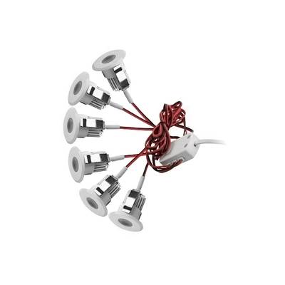 Kuusi pyöreää LED-valoa punaisilla johdoilla, jotka on kytketty valkoiseen keskusvirtalähteeseen, tuulettimen muotoisina; ihanteellinen nykyaikaisiin valaistusratkaisuihin.