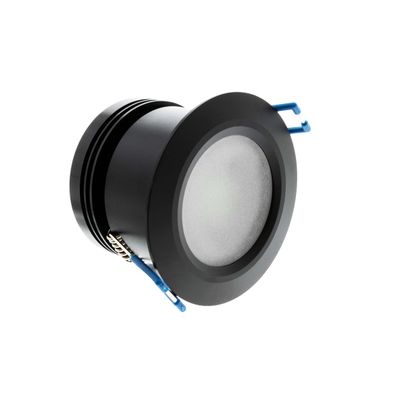 Musta sylinterimäinen upotettu LED-valaisin himmeällä linssillä ja sinisillä johtoliittimillä moderneihin valaistusratkaisuihin.