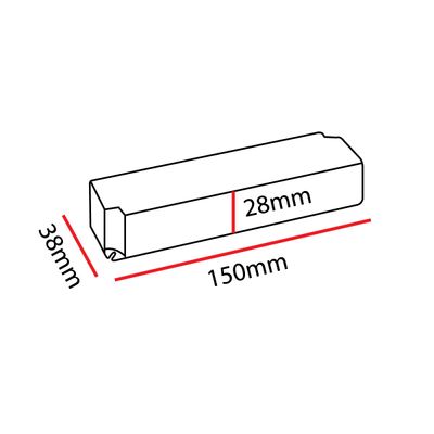 LED-valaistuskomponentin kaavio: Suorakaiteen muotoinen lohko, jonka mitat ovat 150 mm pituus, 28 mm leveys ja 38 mm korkeus ääriviivamuodossa.
