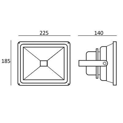 Kaavio suorakaiteen muotoisesta LED-valonheittimestä, jonka mitat: korkeus 185 mm, leveys 225 mm, syvyys 140 mm; sisältää viitteenä etu- ja sivunäkymät.