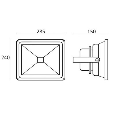 Suorakaiteen muotoisen LED-valonheittimen tekninen piirustus: edestä ja sivulta, mitat 285mm leveys, 240mm korkeus, 150mm syvyys.