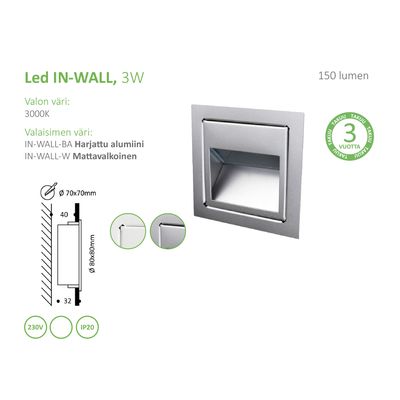 LED PORRASVALAISIN IN-WALL, upotettava, 3W, CRI80, IP21, harjattu alumiini