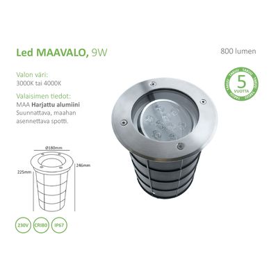 LED MAAVALO, suunnattava, upotettava, 3000K, 9W, CRI90, IP67, harjattu alumiini