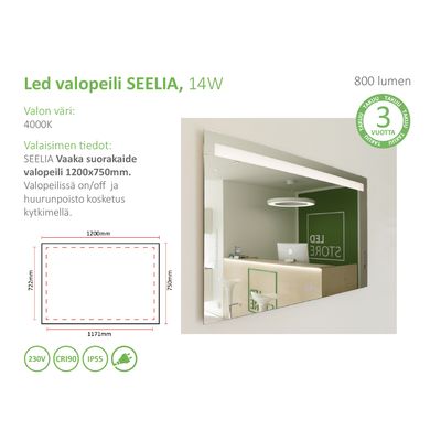 LED VALOPEILI SEELIA 1200, 4000K, 14W, CRI90, IP55, vaaka-asennus