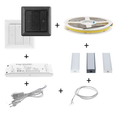 LED-valaistusosat: musta kytkin, LED-nauha, ohjain, kaksi palkkia, virtajohto, harmaa kaapeli