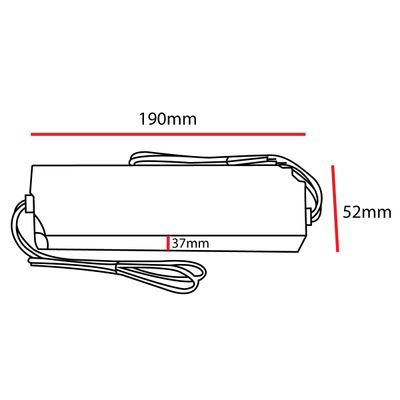Suorakaiteen muotoisen LED-ohjaimen viivapiirros, mitat merkitty: pituus 190 mm, leveys 37 mm, korkeus 52 mm. Kaapeli jatkuu toisesta päästä.
