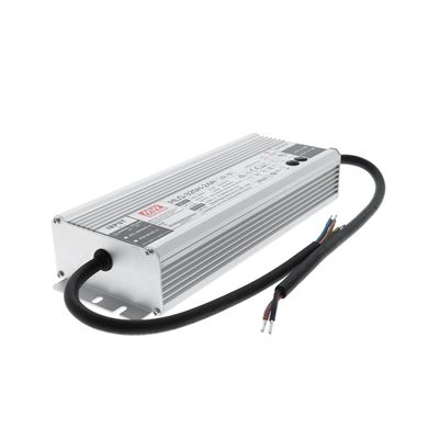 Hopeanvärinen suorakaiteen muotoinen LED-virtalähde, jossa on merkintä "Mean Well HLG-320H-24B", jossa on musta kaapeli LED-valaistusratkaisuja varten.