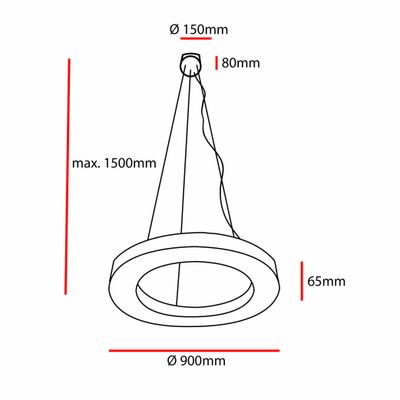 Viivapiirustus pyöreästä riippuvalosta, halkaisija 900 mm, ylähalkaisija 150 mm, korkeus 65 mm, maksimi pudotus 1500 mm LED-valaistusliikkeeseen SEO.