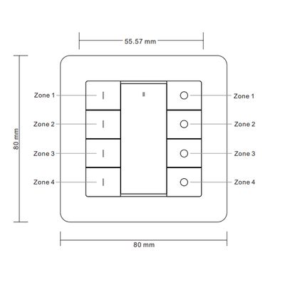 Kaavio älykkäästä LED-valokytkimestä, 80x80 mm, jossa on neljä vyöhykettä, jotka on merkitty Zone 1 - Zone 4, ihanteellinen valaistuksen tarkkaan ohjaukseen ja mukauttamiseen.