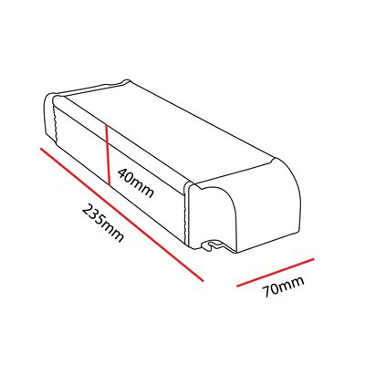 Suorakaiteen muotoisen LED-valaisimen ääriviivat, joiden mitat: pituus 235 mm, leveys 70 mm, korkeus 40 mm; ihanteellinen kompakteihin valaistusratkaisuihin.