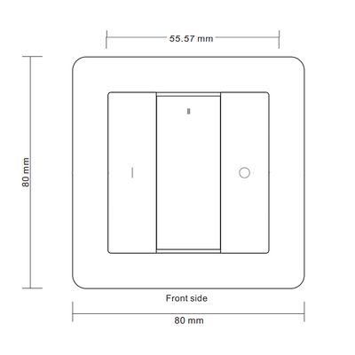 Vaihtoehtoinen teksti: Tekninen piirustus neliömäisestä sähkökytkimestä, näkymä edestä; mitat merkitty: 80 mm haalari, keskiosa 55,57 mm.