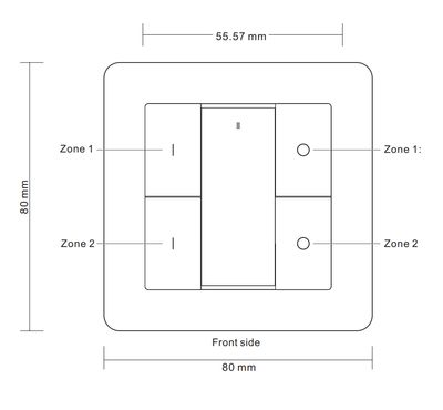 Kaavio 80x80mm neliömäisestä sähkökytkimestä, jossa on merkittyjä vyöhykkeitä: vyöhyke 1 ja vyöhyke 2. Ihanteellinen LED-valaistusasennuksiin.