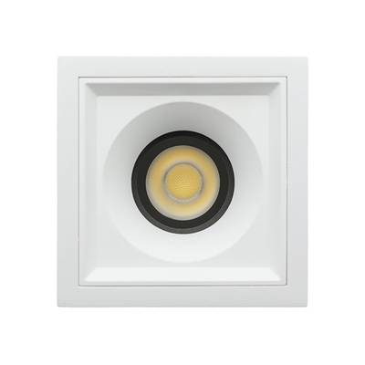 Neliönmuotoinen upotettu kattovalaisin valkoisella kehyksellä, jossa on pyöreä LED-lamppu keskellä, täydellinen moderniin valaistusratkaisuun.