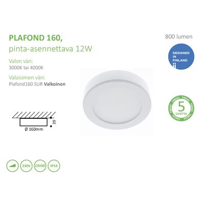 LED pintaplafondi 160, 12W, 800 lumenia, IP54, 4000K