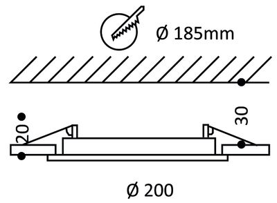 Mittakuva pyöreästä, upotettavasta led paneelista. 200mm halkaisijan paneeli vaatii vain 30mm asennussyvyyttä.