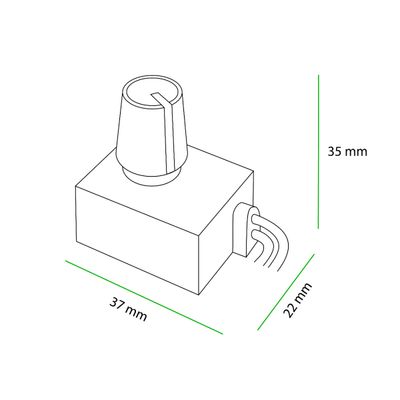 Isometrinen piirros LED-komponentista, mitat 35x37x22 mm, johdot liitettynä