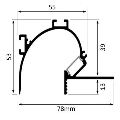 Rakenneosan tekninen poikkileikkauspiirustus: leveys 78 mm, korkeus 53 mm, sisäkorkeus 39 mm ja pohjakorkeus 13 mm. Optimaaliset LED-valaistusratkaisut.