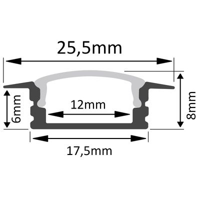 Poikkileikkauskaavio, joka esittää esineen, jonka leveys on 25,5 mm, korkeus 8 mm ja 6 mm, pohja 17,5 mm ja sisäleveys 12 mm. Ihanteellinen LED-valaistukseen.