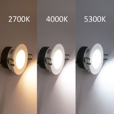 Kolme alasvaloa vierekkäin 2700K lämpimällä, 4000K neutraalilla ja 5300K viileän valkoisella valaistuksella.