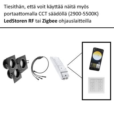 Suomalaisia LED-valoja, ohjauskaapeli, laite ja älypuhelin asetuksineen sekä hallintapaneeli - LED-valaistuskauppa.