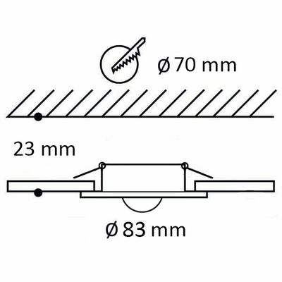 Pyörösahan kaavio: leikkaushalkaisija 70 mm, syvyys 23 mm ja syvennyshalkaisija 83 mm, joka esittelee tarkan leikkauksen LED-valaistusprojekteihin.