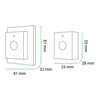 Kaavio, jossa on kaksi LED-ohjauslaitetta; toinen 81x81x32 mm, toinen 55x55x28 mm, molemmissa edessä pyöreä nappi.