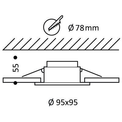 Tekninen piirustus neliönmuotoisesta upotettavasta LED-valaisimista: halkaisija 95 mm, syvyys 55 mm ja aukon koko 78 mm.