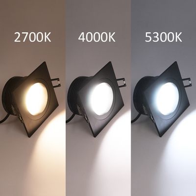 Kolme neliönmuotoista LED-valoa, jotka näyttävät eri värilämpötiloja: 2700K (lämmin), 4000K (neutraali) ja 5300K (kylmä).