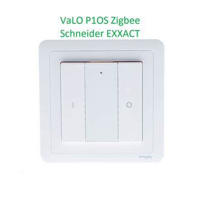 Vaihtoehtoinen teksti: "Valkoinen Valo P1OS Zigbee Schneider EXXACT -seinäkytkin kahdella painikkeella tavallisella taustalla, ihanteellinen LED-valaistuksen ohjaukseen.