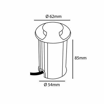 Viivapiirros 85 mm korkeasta sylinteristä kaapelilla, ylähalkaisija 62 mm, alahalkaisija 54 mm; ihanteellinen LED-valaisimien suunnittelun viitteeksi.