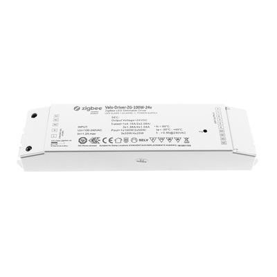Vaihtoehtoinen teksti: "Zigbee LED-ohjain Valo-Driver-ZG-100W-24V, suorakaiteen muotoinen muotoilu ja pinnalla näkyvät tiedot ja mallinumero LED-valaistusjärjestelmille.