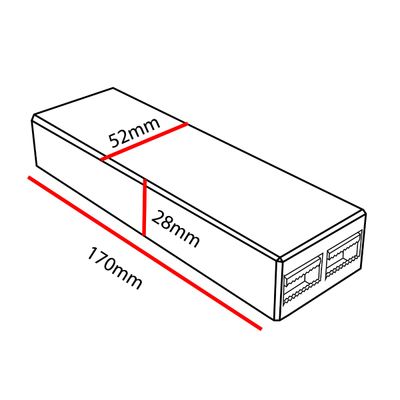 Isometrinen kuva 2-porttisesta Ethernet-kytkimestä, jonka mitat on merkitty: 170 mm L, 52 mm L, 28 mm K; LED-valaistuskaupan SEO-fokus.