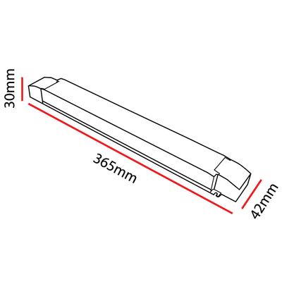 Kaavio, joka esittää suorakaiteen muotoista LED-valolaatikkoa, jonka mitat on merkitty: pituus 365 mm, korkeus 30 mm ja leveys 42 mm.