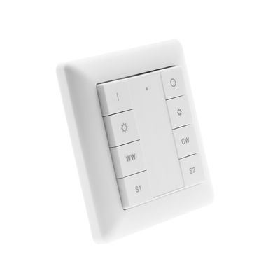 Seinäkytkin LED-valaistukseen: neliönmuotoinen, valkoinen muotoilu painikkeilla himmennys, värilämpö (WW/CW) ja tehotoiminnot (I, O, S1, S2).
